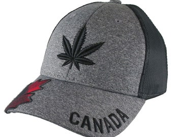 Cannabis Pot Leaf 3D Puff Black Embroidery and Red Buffalo Check Plaid on Adjustable Heather Grey and Black Trucker Style Baseball Cap