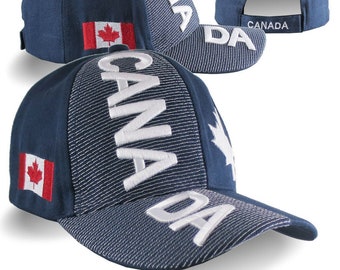 Canada Multiple Locations Embroidery on Adjustable Navy Blue Structured Classic Fit Baseball Cap Options to Personalize with Name and Text