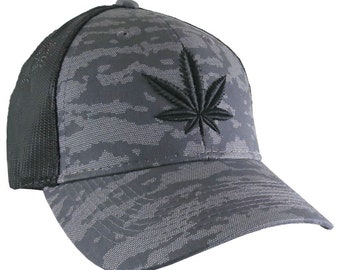 Black Cannabis Marijuana Pot Leaf 3D Puff Raised Embroideryon an Adjustable Urban Camo Structured Trucker Style Snapback Mesh Ball Cap