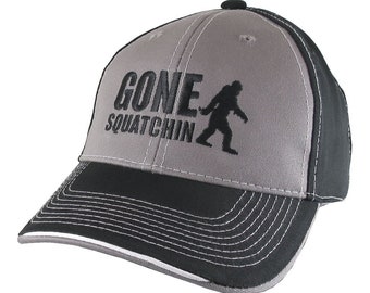 Gone Squatchin Humorous Sasquatch Bigfoot Silhouette Black Embroidery on an Adjustable Grey and Black Stylish Baseball Cap