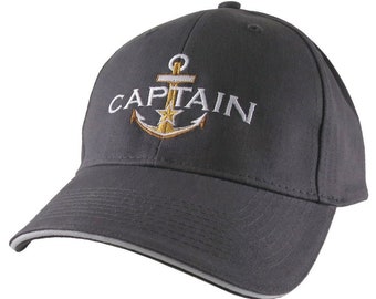 Personalized Captain Star Anchor Embroidery Adjustable Charcoal and White Structured Fashion Baseball Cap + Options to Personalize Side Back