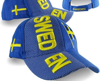 Sweden Multiple Locations Embroidery on Adjustable Royal Blue Structured Classic Fit Baseball Cap Options to Personalize with Name and Text