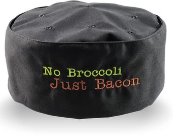 No Broccoli Just Bacon Embroidery on an Adjustable Restaurant Style Black Pillbox Chef Hat