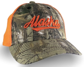 Alaska Orange 3D Puff Raised Embroidery Design on an Adjustable Realtree Camo Structured Classic Trucker Mesh Cap