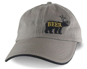 Deer Plus Bear for Beer Humorous Black Embroidery on an Adjustable Khaki and Black Unstructured Fashion Baseball Cap