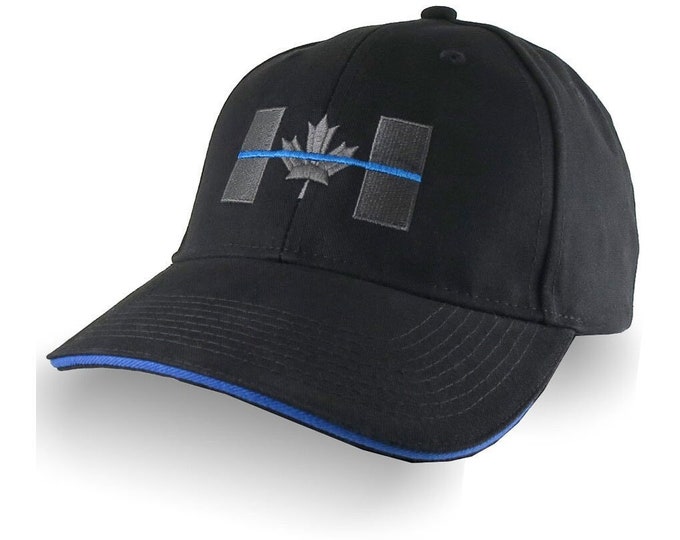 Featured listing image: Canadian Thin Blue Line Canada Police Symbolic Embroidery on an Adjustable Black Blue Trimmed Structured Adjustable Baseball Cap and Options