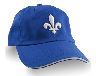 Quebec Style Fleur de Lis 3D Puff White Raised Embroidery on an Adjustable Royal Blue Unstructured Dad Hat Style Baseball Cap with Options