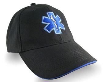 Paramedic EMT EMS Star of Life Embroidery on Adjustable Black Blue Line Structured Baseball Cap with Options to Personalize on Two Locations