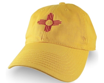 New Mexico Zia State Flag Symbol Red Embroidery Design on an Adjustable Sun Yellow Unstructured Classic Baseball Cap with Personalize Option