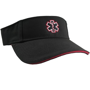 May include: Black visor with a red trim and a white embroidered medical symbol.