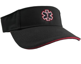 Paramedic Red Star of Life Caduceus EMT EMS Embroidery on an Adjustable Black Brushed Cotton Visor Summer Hat Trimmed in Red