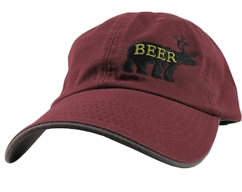 Deer Plus Bear for Beer Humorous Black Embroidery on an Adjustable Burgundy Red and Graphite Unstructured Fashion Baseball Cap