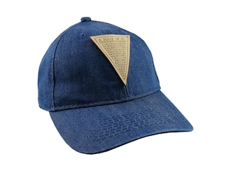 A Slice of Pi Math Pun Laser Engraved Genuine Leather Patch Sewn on an Adjustable Blue Denim Baseball Cap