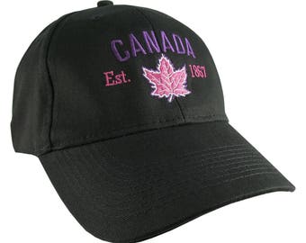 Canada Established 1867 Retro Style Maple Leaf Purple and Fuchsia Embroidery on an Adjustable Black Structured Baseball Cap