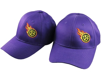 Pair of Disc Jockey 45 Spacer Fire Bullet Embroidery Designs on 2 Purple Adjustable Structured Baseball Caps for Adult + for Child Age 6-12