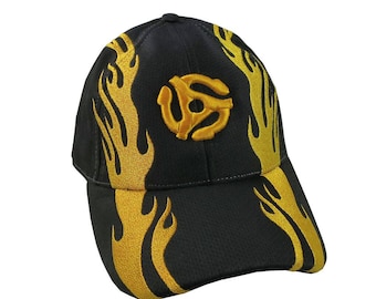 Vibrant DJ Disc Jockey Retro Yellow 45 Spacer 3D Puff Style Embroidery Design on a Black Adjustable Structured Fashion Flaming Baseball Cap