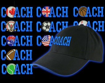 Custom Personalized Coach Embroidery on an Adjustable Structured Black Baseball Cap Front Decor Selection with Options for Side and Back