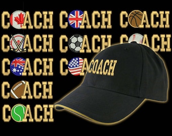 Custom Personalized Coach Embroidery on an Adjustable Structured Black Baseball Cap Front Decor Selection with Options for Side and Back