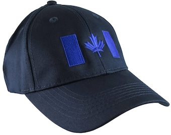 Canadian Flag Royal Blue Embroidery Design on a Navy Blue Adjustable Structured Baseball Cap for Kids Age 6 to 12 Tone on Tone Fashion Look