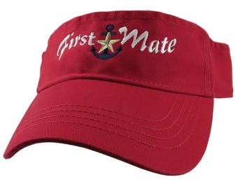 Nautical Star Anchor First Mate White Blue Gold Embroidery on a Red Unisex Adjustable Visor Cap for the Boating Enthusiast