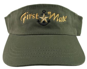 Nautical Star Anchor First Mate Golden Embroidery on an Army Green Unisex Adjustable Visor Cap for the Boating Enthusiast