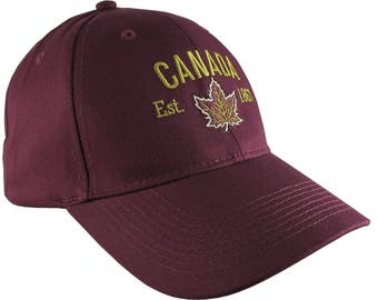 Canada Established 1867 Retro Style Maple Leaf Golden Embroidery on an Adjustable Burgundy Structured Baseball Cap