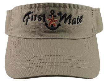 Nautical Red Star Anchor First Mate Embroidery on a Khaki Beige Unisex Adjustable Visor Cap for the Boating Enthusiast