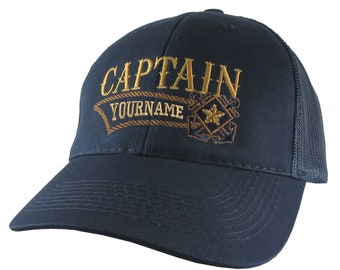 Nautical Star Crossed Rope Anchors Boat Captain and Crew Personalized Embroidery Adjustable Navy Blue Structured Trucker Mesh Cap + Option