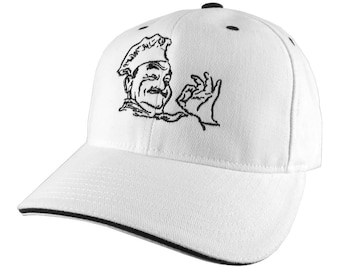 Happy Chef Embroidery on an Adjustable White and Black Soft Structured Yupoong Baseball Cap with Options to Personalize on 2 Locations