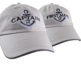 Nautical Silver Star Anchor Captain + First Mate Embroidery 2 Adjustable Grey Unstructured Baseball Caps Options to Personalize Dad Hats