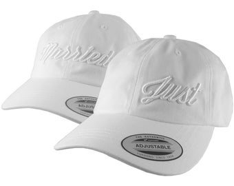 Just Married Duo Newlyweds Husband Wife His Hers 3D Embroidery 2 Adjustable White Yupoong Dad Hat Ball Caps Option to Personalize the Back