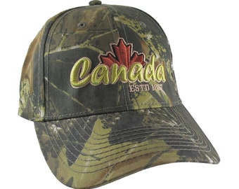 Canada 3D Puff Raised Embroidery ESTD 1867 on an Adjustable Woodsman Green Camo Baseball Cap Happy Canada Day + Option to Personalize