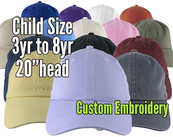Child Toddler Size 3yr to 8yr Adjustable Unstructured Baseball Cap Low-Profile on a Selection of 15 Colors with Custom Embroidery Option