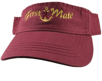 Nautical Star Anchor First Mate Golden Embroidery on a Burgundy Red Unisex Adjustable Visor Cap for the Boating Enthusiast