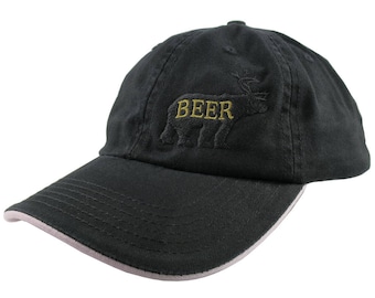 Deer Plus Bear for Beer Humorous Black Embroidery on an Adjustable Black and Pink Unstructured Fashion Baseball Cap