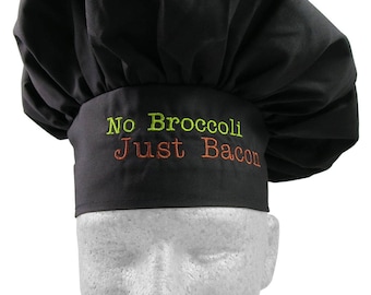 No Broccoli Just Bacon Humorous Embroidery on an Adjustable Restaurant Wear Black Chef Hat Toque for Bacon Lovers