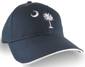 South Carolina State Flag Embroidery Design Adjustable Navy Blue Soft Structured White Trim Classic Baseball Cap Personalization Options
