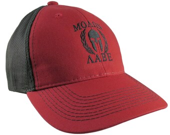 Molon Labe Spartan Warrior Mask in Laurels Black Embroidery on an Adjustable Red and Black Structured Truckers Style Ball Cap