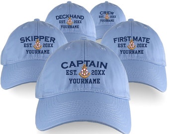 Custom Personalized Captain First Mate Skipper Deckhand Crew Embroidery on an Adjustable Unstructured Baby Blue Baseball Cap with Option