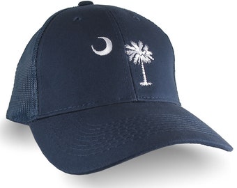 South Carolina State Flag Embroidery on an Adjustable Navy Blue Structured Full Fit Classic Trucker Mesh Cap