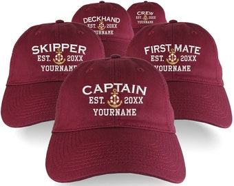 Custom Personalized Captain First Mate Skipper Deckhand Crew Embroidery on an Adjustable Unstructured Burgundy Red Baseball Cap with Option