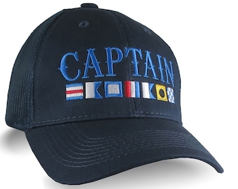 Sea Boat Captain Signal Nautical Flags Spelled Out Embroidery on an Adjustable Navy Blue Structured Trucker Style Mesh Snapback Ball Cap