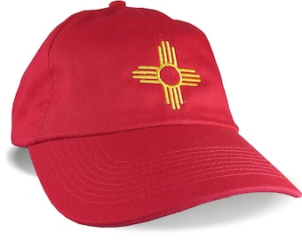 New Mexico Zia Symbol Yellow Embroidery on Adjustable Red Unstructured Low Profile Dad Hat Style Baseball Cap with Personalization Options