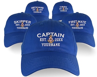 Custom Personalized Captain First Mate Skipper Deckhand Crew Embroidery on an Adjustable Unstructured Royal Blue Baseball Cap with Option