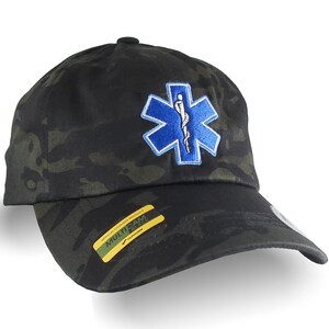 Paramedic Star of Life Caduceus Embroidery on Adjustable Unstructured Multicam Black Dad Hat Style Baseball Cap with Personalization Options