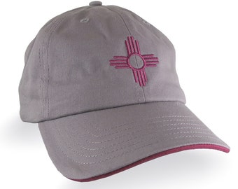 New Mexico Zia Symbol Embroidery on an Adjustable Charcoal and Burgundy Red Unstructured Classic Dad Hat Cap with Personalization Options