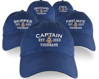 Custom Personalized Captain First Mate Skipper Deckhand Crew Embroidery on an Adjustable Unstructured Indigo Blue Baseball Cap with Option