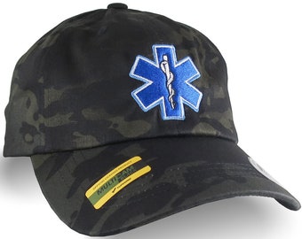 Paramedic Star of Life Caduceus Embroidery on Adjustable Unstructured Multicam Black Dad Hat Style Baseball Cap with Personalization Options