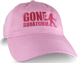 Gone Squatchin Humorous Sasquatch Bigfoot Silhouette Pink Embroidery on an Adjustable Pink Unstructured Baseball Cap