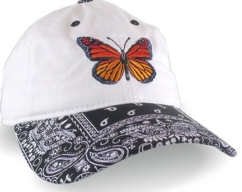 Monarch Butterfly Embroidery on a Black and White Bandanna Adjustable Unstructured Baseball Cap Dad Hat Style